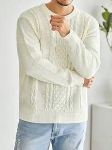 Manfinity Homme Áo len dài tay cổ tròn màu trơn cỡ lớn cho nam - trắng - Xem 4