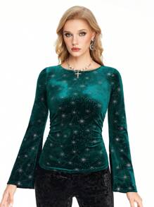 ROMWE Hippie Women's Hippie Velvet Gold Foil Star Flare Sleeve T-Shirt
