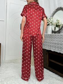 Heart Trimmed Faux Silk Short Sleeve Top & Pants Pajama Set, Vacation