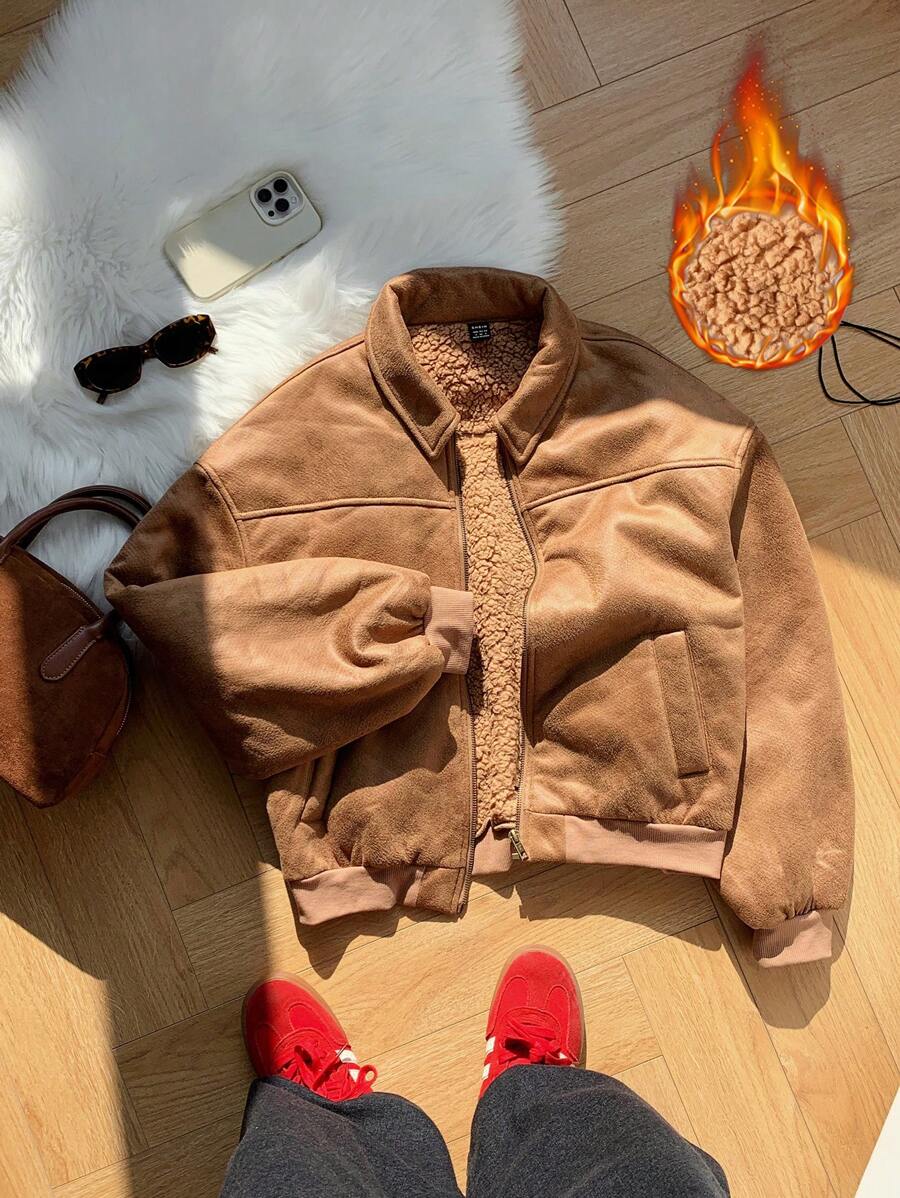 Comfortcana Women's New Autumn/Winter Deer Suede Fur Lining Jacket - Brown - View 1