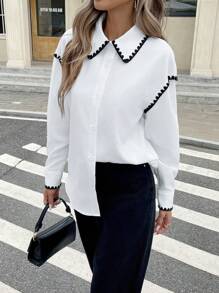 Serisse 女士秋季拼布花卉饰边落肩长袖休闲衬衫法式简约休闲纯色饰边基本款长袖翻领衬衫，波西米亚风，白色上衣 - 白色 - 查看 6