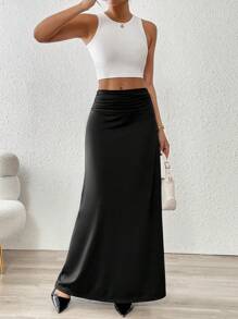 SHEIN Clasi Casual Elegant Romantic Style Everyday Versatile Elastic Waist Ribbing Hem Long Bodycon Stretch Knit Skirt For Women, Autumn/Winter Maxi Women Outfit