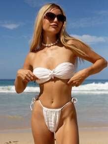 Swim Mod Conjunto de bikini bandeau sexy para mujer de unicolor con textura, decorado con estrella de mar para el verano en la playa