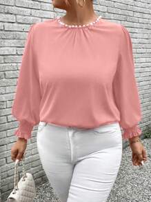 Celure 大码纯色珍珠装饰办公室通勤长袖衬衫 - 淺粉色 - 查看 6