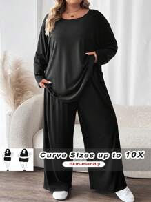 SHEIN CURVE+ Curve Plus Size Women 2Pcs Outfit: Batwing Sleeve Solid Color T-Shirt And Pants, Comfortable Casual  For Autumn/Winter