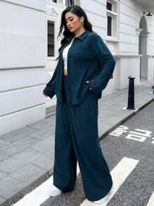 SHEIN EZwear Plus Size Women Solid Color Long Sleeve Buttoned Shirt And Wide Leg Pants, 2pcs Casual Loose Outfit - Blue - View 3