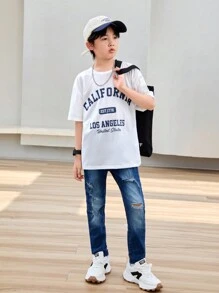 Tween Boy 2入組運動休閒街頭風格高彈力牛仔褲和寬鬆舒適T卹 - 彩色 - 查看 7