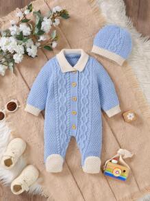 SHEIN 彼得潘风格 2 件套婴儿套装，包括针织连体衣和帽子。经典扭纹针织图案，领口设计，休闲简约，可爱的绅士造型，适合婴儿日常穿着