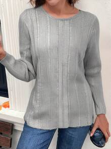 EMERY ROSE Vrouwen Eenvoudige Effen Kleur Ronde Hals Lange Mouw Geribbelde Gebreide Top, Casual Dagelijkse Kleding