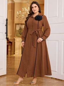 Modelyn 女士休闲收腰拼色花卉印花中长衬衫裙，秋冬季超长女士装长款晚礼服