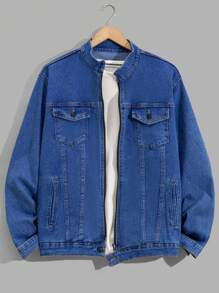 RueChic Men Zipper Front Navy Washed Regular Denim Jacket - Navy Blue - View 1