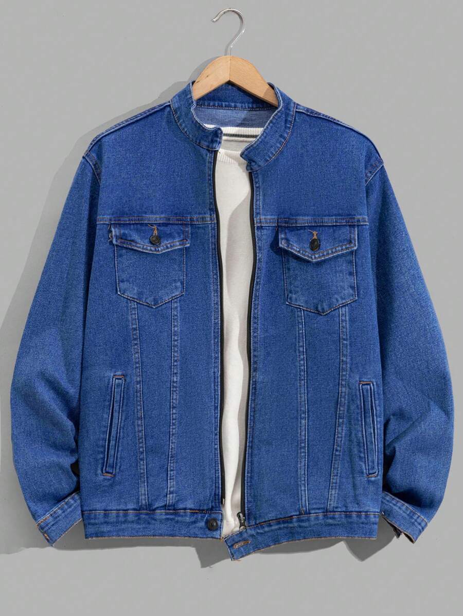 RueChic Men Zipper Front Navy Washed Regular Denim Jacket - Navy Blue - View 1