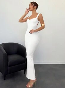 Aloruh Đầm dài hở lưng trang trí nơ màu hồng cho nữ - trắng - Xem 4