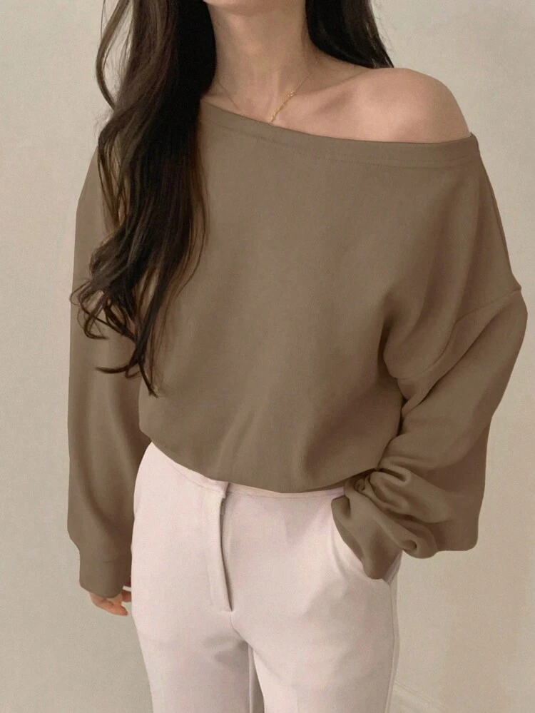 Women's Solid Color Asymmetrical Neck Long Sleeve Casual T-Shirt,Fall Clothes Preppy Tops Asymmetrical Shoulder Top Off The Shoulder