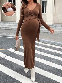 SHEIN Maternity V-Neck Tie-Up Long Sleeve Simple Casual Long Dress