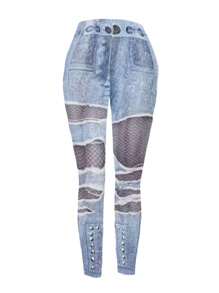 SHEIN Unity Full Pattern Elastic Waist Skinny Casual Pants Fall Cloth For Women - Blue - View 2