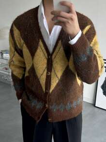 DAZY Men's Checkered Print Loose Casual Open Front Long Sleeve Cardigan, Autumn/Winter