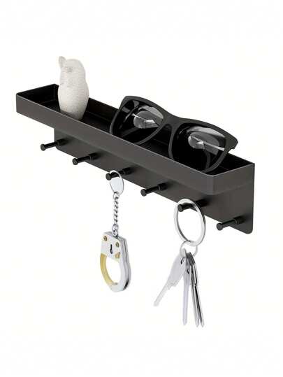SHEIN 1pc Decorative Wall Mounted Mail Organizer And Key Holder With Tray - 6 Stainless Steel Key Hooks For Hallway Kitchen Farmhouse Decor (Black) Christmas For Holiday Gift Giving