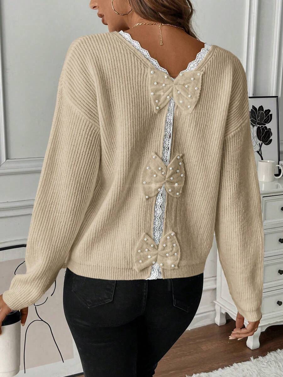 SHEIN LUNE Áo len dệt kim dài tay cổ chữ V thêu ren nơ thời trang thu đông - Màu be - Xem 1