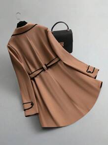 GlowEve 女士纯色撞色饰边收腰常规翻领休闲夹克，温暖日常穿着 - 駝色 - 查看 2