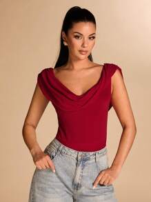 SHEIN BAE Women's Red One-Piece Outfit, Scooping Neckline Sleeveless Fitted Bodysuit, For Christmas Outfit, Holiday Bodysuit, Autumn/Winter Layering