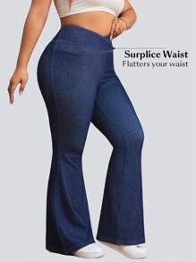 Flexra Plus Size Solid Color Stretchy Knit Pocket Skinny Flare Leg Jeans Apple Bottom Jeans - Blue - View 4