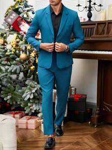 Manfinity Mode Men's Casual Solid Color Jacket And Pants Suit Set
