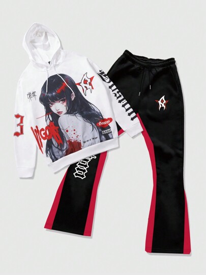 Street Life Men Graphic Print Casual Hoodie Sweatshirt And Pants Tracksuit