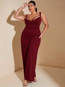 SHEIN BAE 大码性感纯色镂空连体裤秋季修身长款阔腿连体裤，配有分体式胸罩杯和细肩带，适合外出和通勤等优雅休闲场合