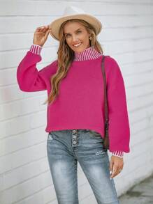 SHEIN LUNE Femmes pull décontracté rose fuchsia à manches longues avec blocs de couleurs pour l'automne/l'hiver - Rose vif - Voir 8