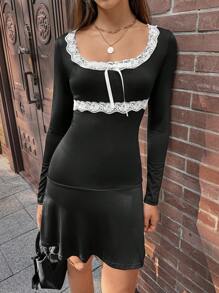 Chiquease Square Neck Lace Splice Two-Tone Bow Decor Elegant Long Sleeve Dress Fall Cloth For Women - Black - View 6