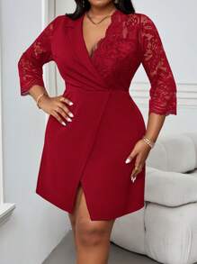 SHEIN Lady Autumn And Winter Elegant Sexy Work Party Cocktail Party Office Concert/Music Festival Black Knitted Asymmetrical Neck Slit Contrast Lace Short Three Quarter Length Sleeve Plus Size Dresses