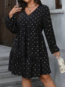 SHEIN LUNE 加大码舒适百搭烫印蝴蝶结装饰 V 领 A 字形连衣裙心形情人节玫瑰