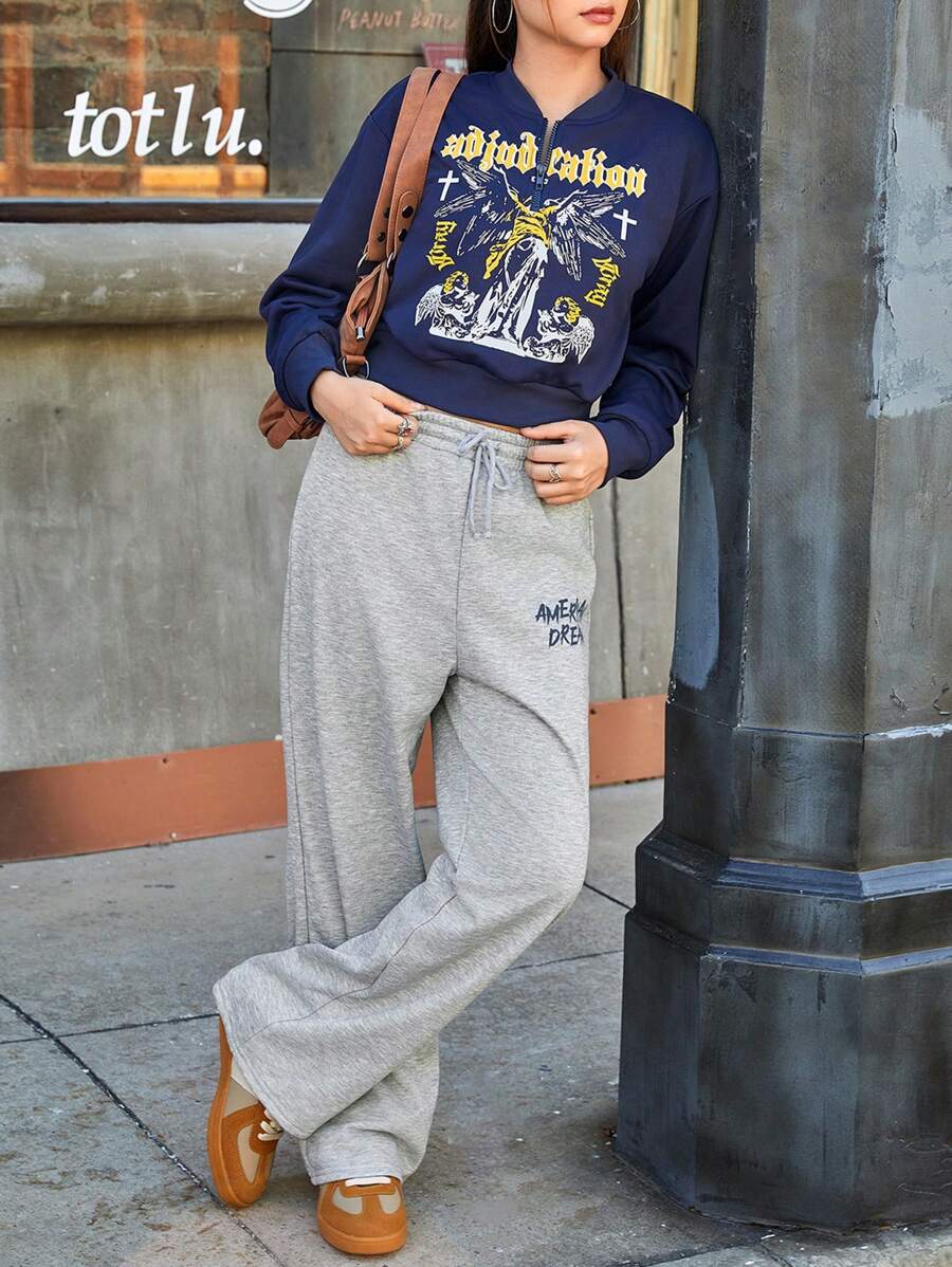 SHEIN Conjunto deportivo informal y holgado con estampado gráfico para adolescentes, estilo universitario, de moda para el otoño - Multicolor - Ver 1