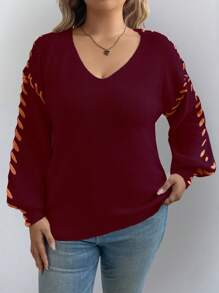 Calvaya Áo len dệt kim dài tay cổ chữ V thả vai cỡ lớn cho nữ, mùa thu/đông - Màu Đỏ Sâu - Xem 4