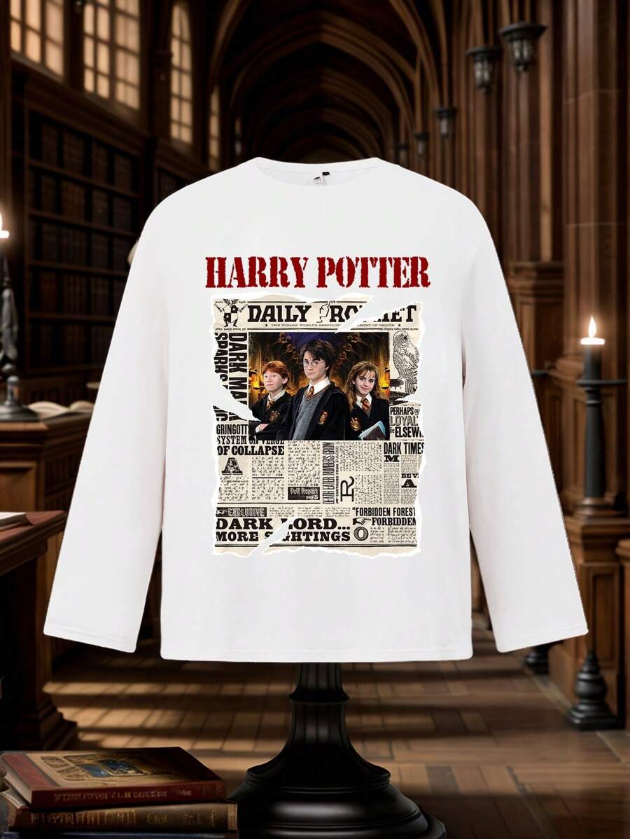 HARRY POTTER X SHEIN Plus Size Women Casual Retro Street Wear Dropped Shoulder Round Neck Newspaper Letter & Figure Graphic Loose Fit Tee, Autumn - White - View 1