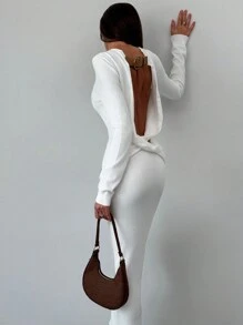 Aloruh New Sexy Open Back Knitted Blend Knit Long Sleeve Sweater Dress, Warm - Beige - View 4