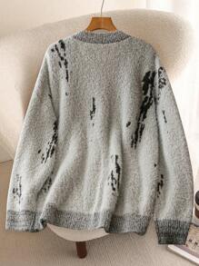 SHEIN LUNE Women Plus Size Black Knit Jacquard Minimalist Cardigan Sweater,Autumn Smart Casual Concert Style,Solid Color For Winter,Halloween,Christmas,Gala - Black and White - View 2