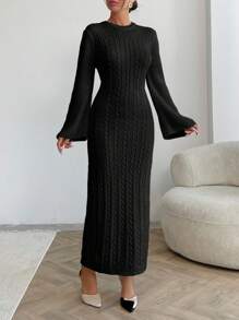 EURMUSE Cable Pattern Sweater Dress Fall Winter - Black - View 4