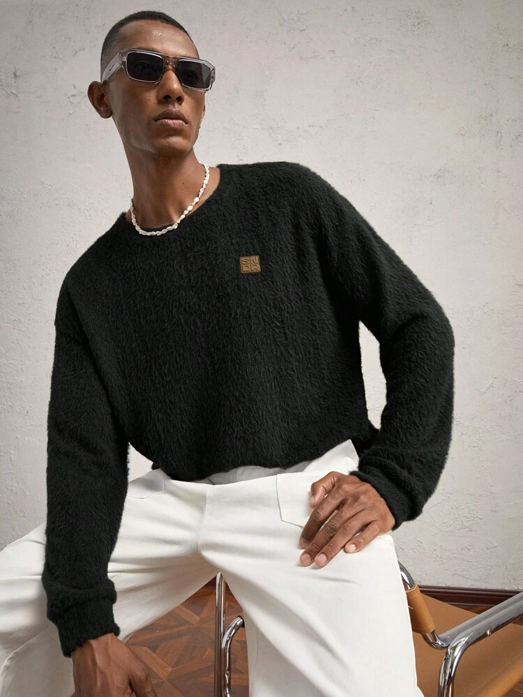Herren lässiges Rundhalsausschnitt Oversize Langarm Shirt mit Kontrastfarbe, grün, geeignet für Herbst/Winter, mit Buchstaben-Muster und flauschiger Oberflächenstruktur