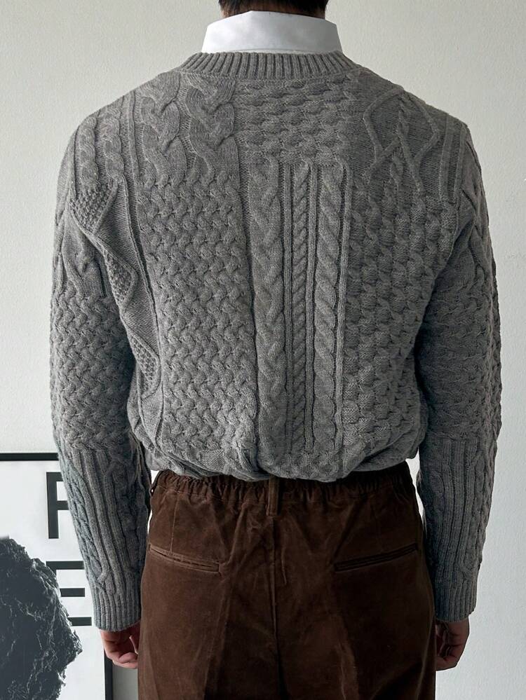 Men Solid Color Crew Neck Long Sleeve Loose Casual Knitted Sweater, Autumn/Winter