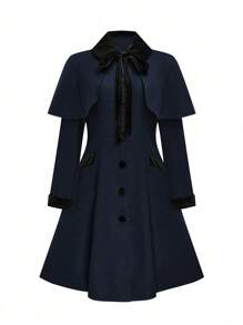 Celure 大码撞色蝴蝶结大衣，休闲时尚，适合日常穿着 - 藏蓝色 - 查看 5