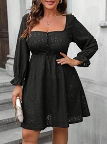 SHEIN Clasi Plus Size Casual Solid Color Hollow-Out Embroidered Dress, Autumn - Black - View 1