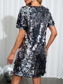 SHEIN Clasi Vestido midi de mujer con cuello redondo, manga corta, escote asimétrico y decoración con lentejuelas