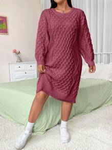 Flirla 大码杏色毛衣裙，简约时尚休闲日常穿着，冬季 - 酒紅色 - 查看 3