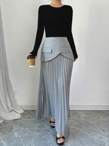 Elenzga 优雅百搭百褶女式通勤长裙 - 灰色 - 查看 3