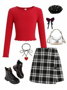 SHEIN Niña preadolescente - Camiseta de manga larga de un solo color rojo con acabado de lechuga y falda pantalón a cuadros negros con detalle de botones, para otoño e invierno, excelente para uso casual diario y escolar en otoño e invierno, para Navidad