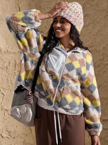 VARSITIE High Neck Long Sleeve Pocket Print Fluffy Colorblock Loose Casual Jacket