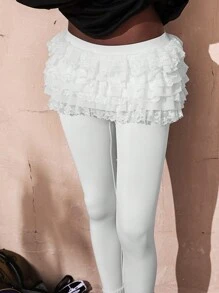 VARSITIE 甜美蕾丝多层荷叶边蛋糕裙二合一女士长裤 - 白色 - 查看 3