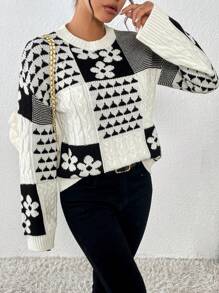 Chiquease Áo len nữ dày dặn, ấm áp, họa tiết hoa xoắn đen trắng, thích hợp mặc mùa thu đông. - Đen và trắng - Xem 5
